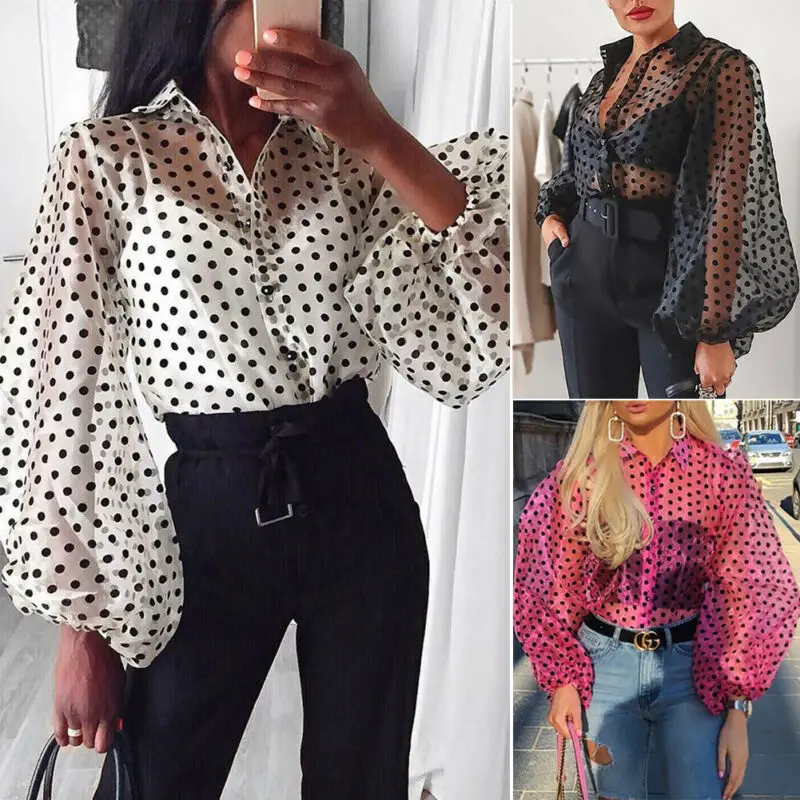 Women See-Through Mesh Blouse Long Puff Sleeve Polka Dot Pattern Folded Collar Sheer Casual Shirt Loose Button-Down Wild Top