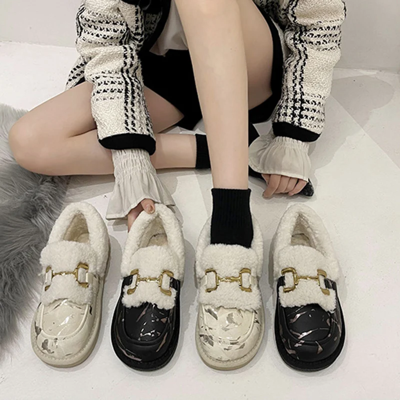 

Metal Buckle Furry Loafers Women Winter Plush Warm PU Leather Ankle Snow Boots Female Cozy Slip-on Peas Shoes Zapatos De Mujer