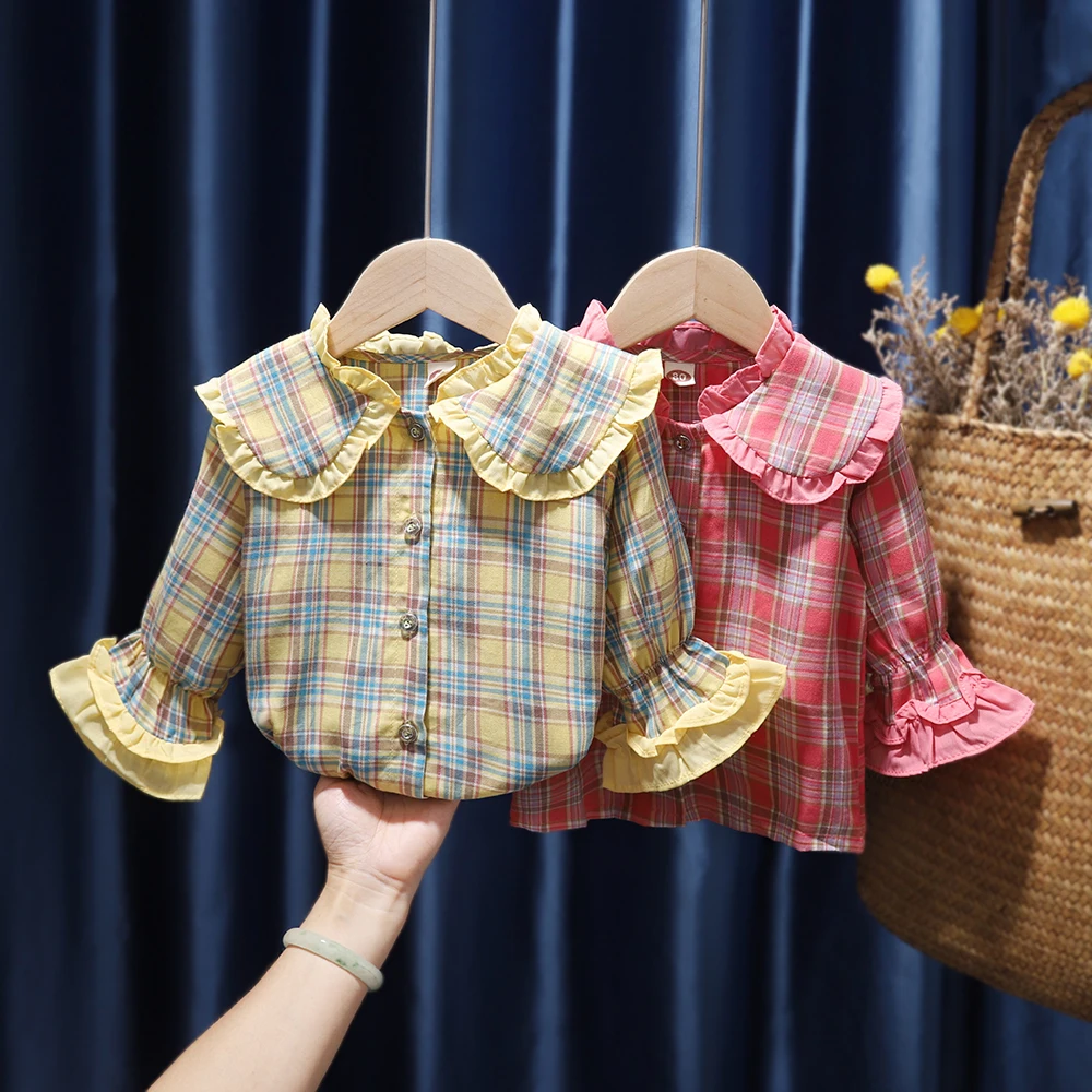 Клетчатая блузка для маленьких девочек с кукольным воротником мягкая хлопковая