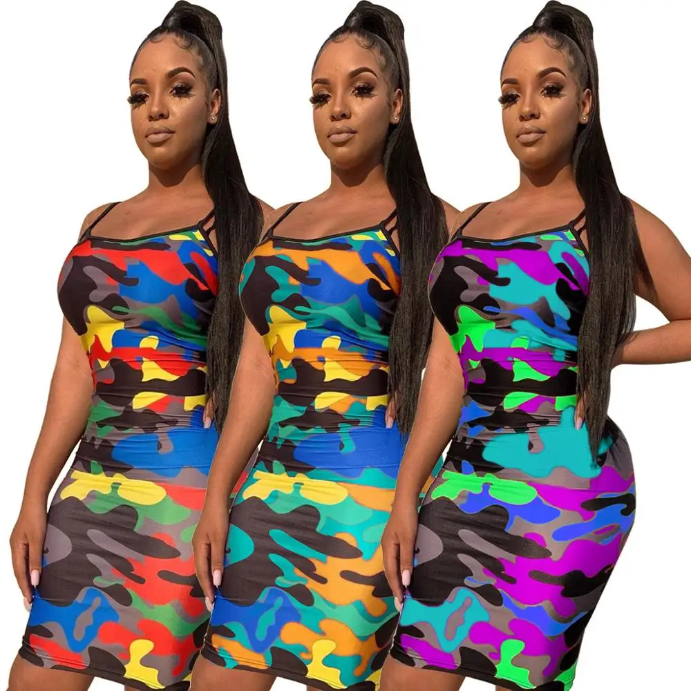 

Summer New Women Dresses Sexy Spaghetti Strapless Sleeveless Camouflage Printing Bodycon Dress Clubwear