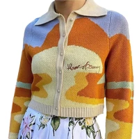 chic lady short knitted sweater jacket autumn fashion french style sunshine print single breasted loose cardigans female lr1321