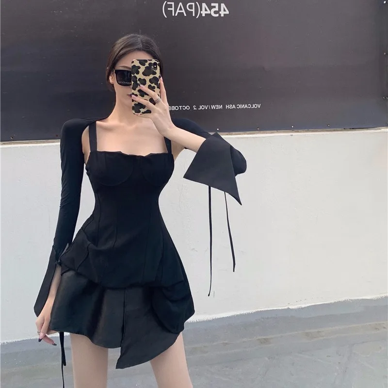 

Hong Kong Style Design Sexy Niche French Strap Dress Women's Summer Irregular Tube Top Sexy Black Dress Two-Piece Set