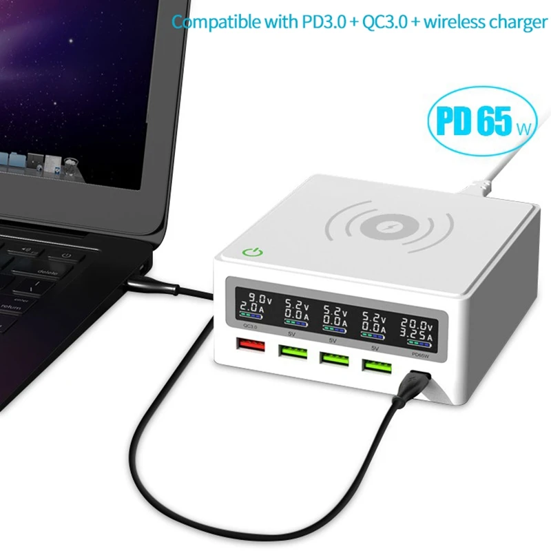 PD3.0 + QC3.0 Быстрое беспроводное зарядное устройство 5 USB портов 65 Вт для ноутбука PD