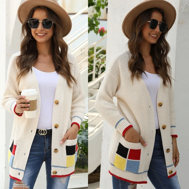 

Women Knitted Loose Sweater Long Sleeve Buttons Cardigan Open Front Knee Length Tops Coat Warm Outerwear with Pockets