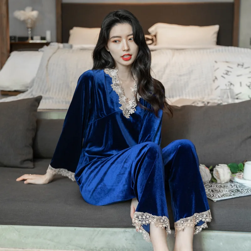 

Повседневная одежда для сна, мягкий бархатный пижамный комплект, одежда для отдыха, новинка 2021, женская пижама, домашняя одежда, кружевная н...