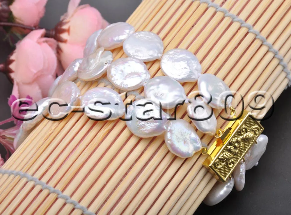 

P5627 3row 8" 14mm White Coin Freshwater Cultured Pearl Bracelet