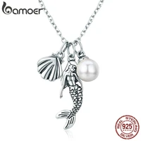 bamoer 100 925 sterling silver romantic mermaid legend shell pendant necklaces for women sterling silver jewelry gift scn237