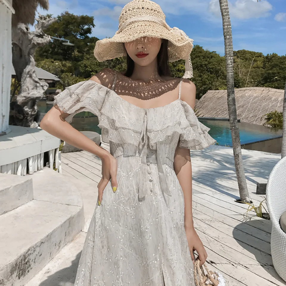 

Bohemia Chiffon Dress 2020 Summer Leisurely Vacation Elegant Party Sexy Spaghetti Strap Cascading Ruffles Beach Dress Women