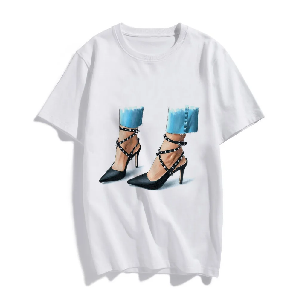 

Cute Tee Female Graphic T-shirts Clothes Femme 2020 Fashion Women Tshirt Watercolor High Heels Printed Tops Tee Harajuku T-shirt