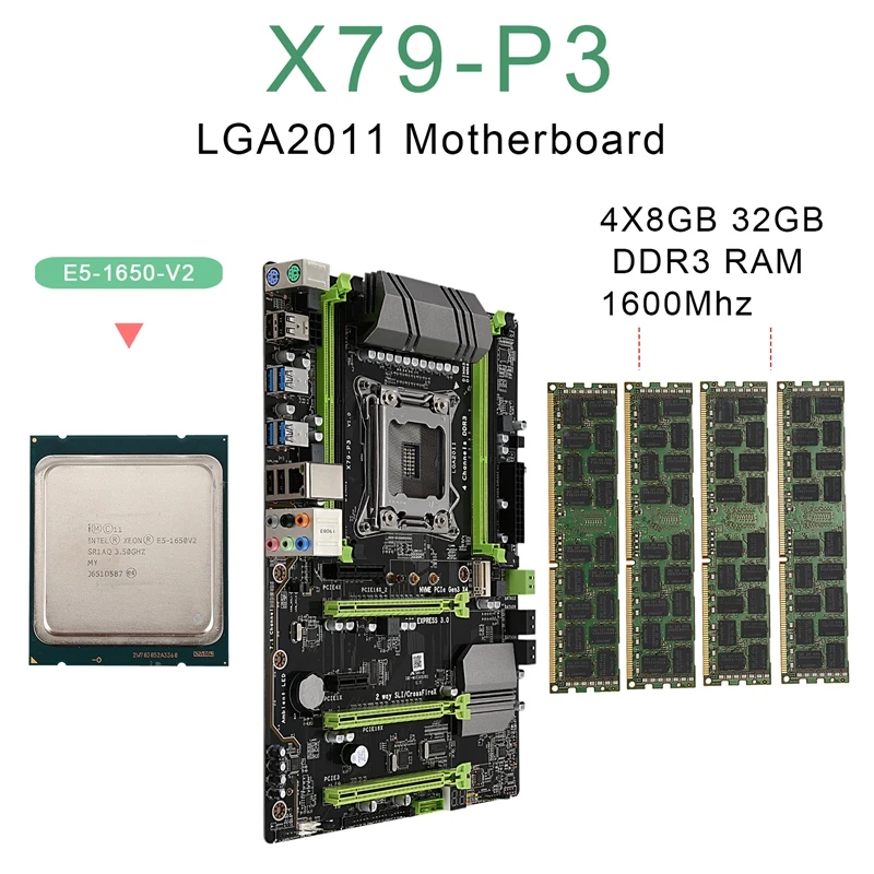 X79-P3 LGA2011 комбо набор материнской платы с E5 1650 V2 CPU 4X8GB 32GB DDR3 RAM 4-Ch 1600Mhz REG ECC NGFF M.2 SSD