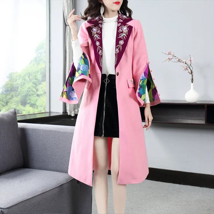 Осень и зима Новая мода Ретро Вышивка труба рукав Тонкий шерстяное пальто Женская ветровка