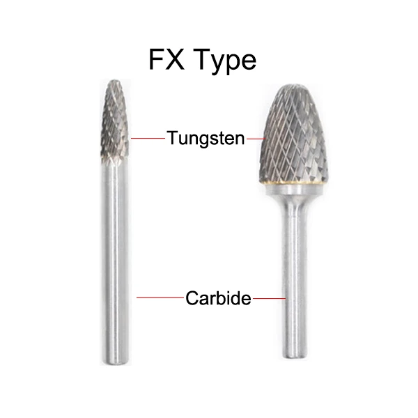

FX0618M06 4313 6mm FX0818M06 4314 8mm FX1020M06 4315 10mm Cone Taper Tungsten F Type Double Groove Cut Grinding Rotary Rasp File
