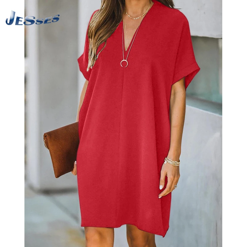 

Женское офисное платье средней длины, повседневное однотонное платье с коротким рукавом и V-образным вырезом, свободное летнее платье для о...