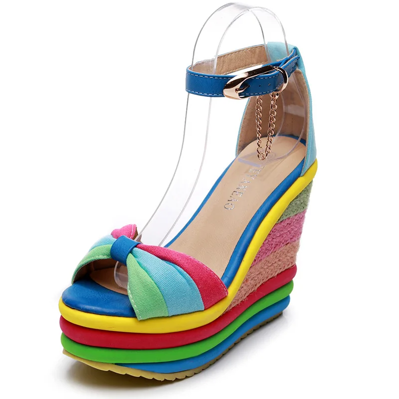 

muffin color matching women's shoes straw slope sandals summer new high heel fish Roman small