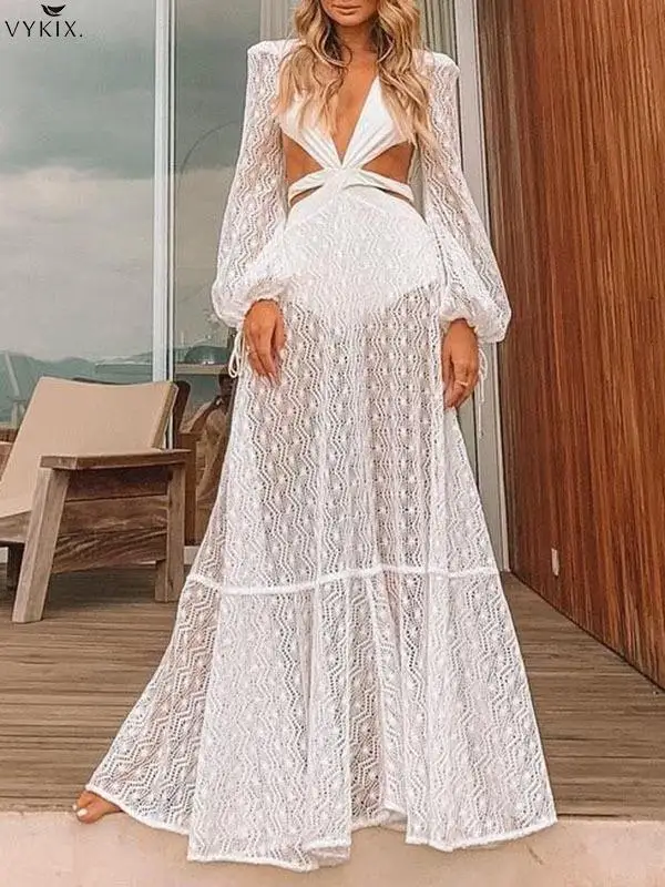 

Korean Omen Black Dress Deep V-neck Long Lanter Sleeves Long Swing Dress Sexy Hollow Out Mesh Perspective Dress 2021 Whith Cheap