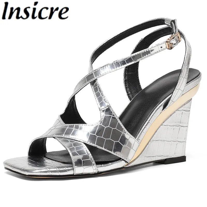 Insicre Cow Genuine Leather Women Gladiator Sandals Wedges High Heel Cross Buckle Strap Fashion Square Open Toe Party Shoes