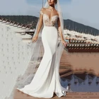 Русалка свадебное платье мягкой сатиновой ткани с открытыми плечами и кружевной аппликацией, Свадебное платье Сексуальное V образным вырезом богемные свадебные платья