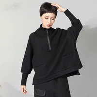 2021 new spring autumn stand collar long sleeve black zipper split joint big size sweatshirt women fashion tide