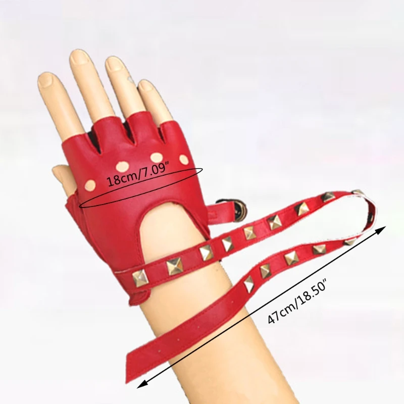 

Female Punk Half Finger Performance Gloves Free Size Rivets Belt Adjust Dance Mitten Hip Hop Show Dress Accessories 50LD