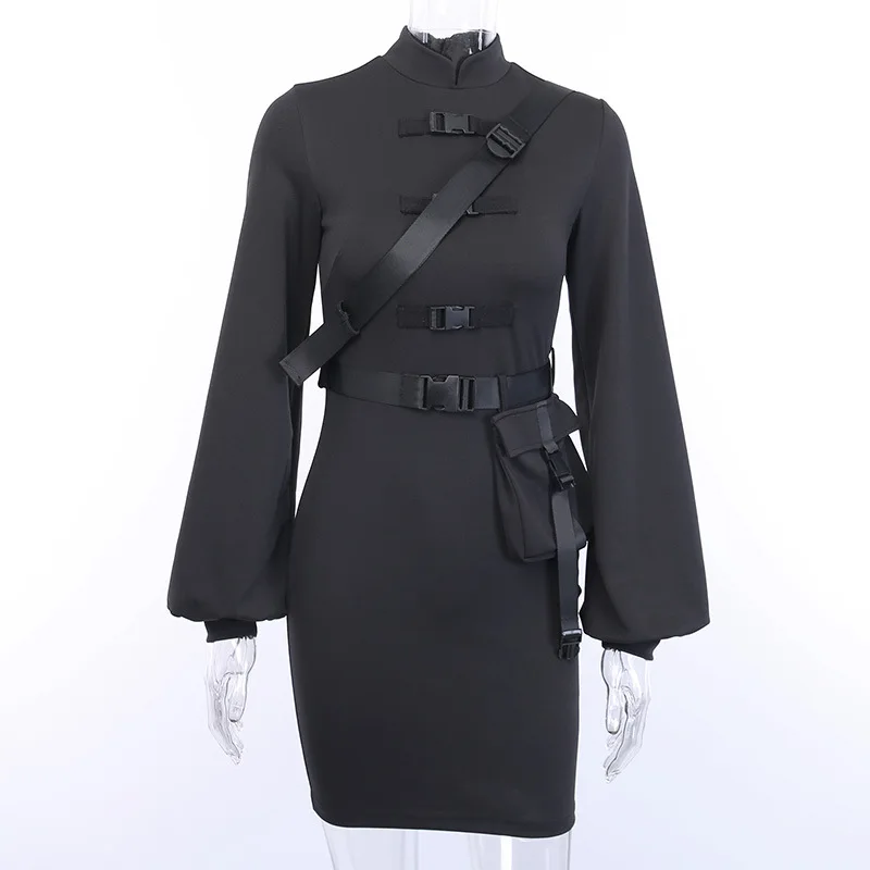 

2021 Short Bandage Goth Dress Women Casual Dresses Gothic Punk Belt Long Sleeve Streetwear Black Mini Vestidos