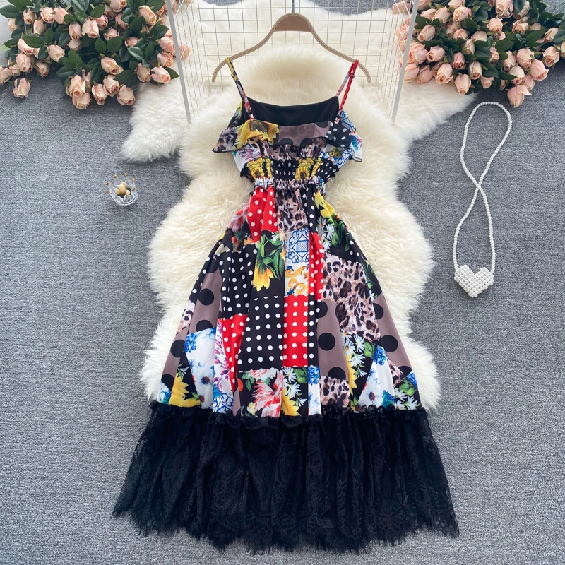 

Woman Fashion Summer Runway Lace Patchwork Print Chiffon Spaghetti Strap Dress Beach Vestidos Elastic Waist Midi Party Sexy Robe