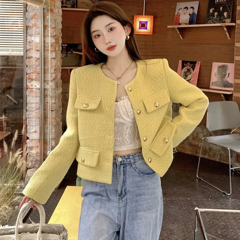 

Women New French Fashion Retro Black Yellow Jacket Long Sleeve Single Breast Loose Casual Coat Cardigan Elegant Chic Girl Jacket