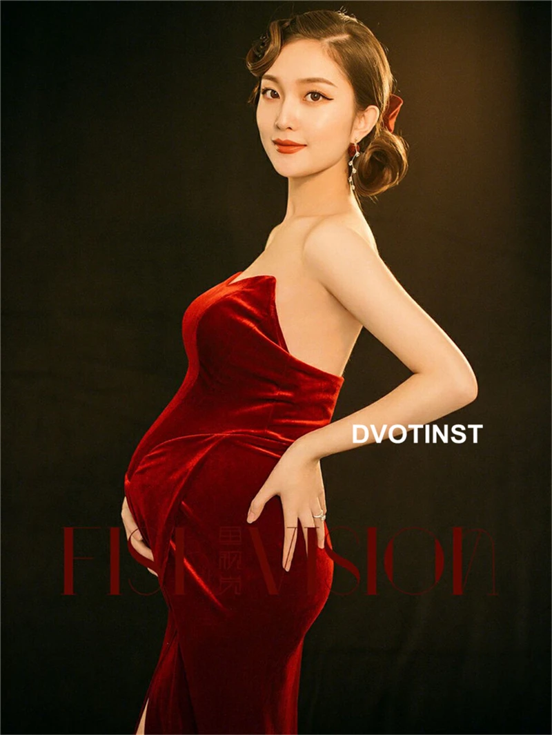 Dvotinst Women Photography Props Red V-neck Backless Maternity Dresses Elegant Pregnancy Split Dress Studio Photoshoot Clothes