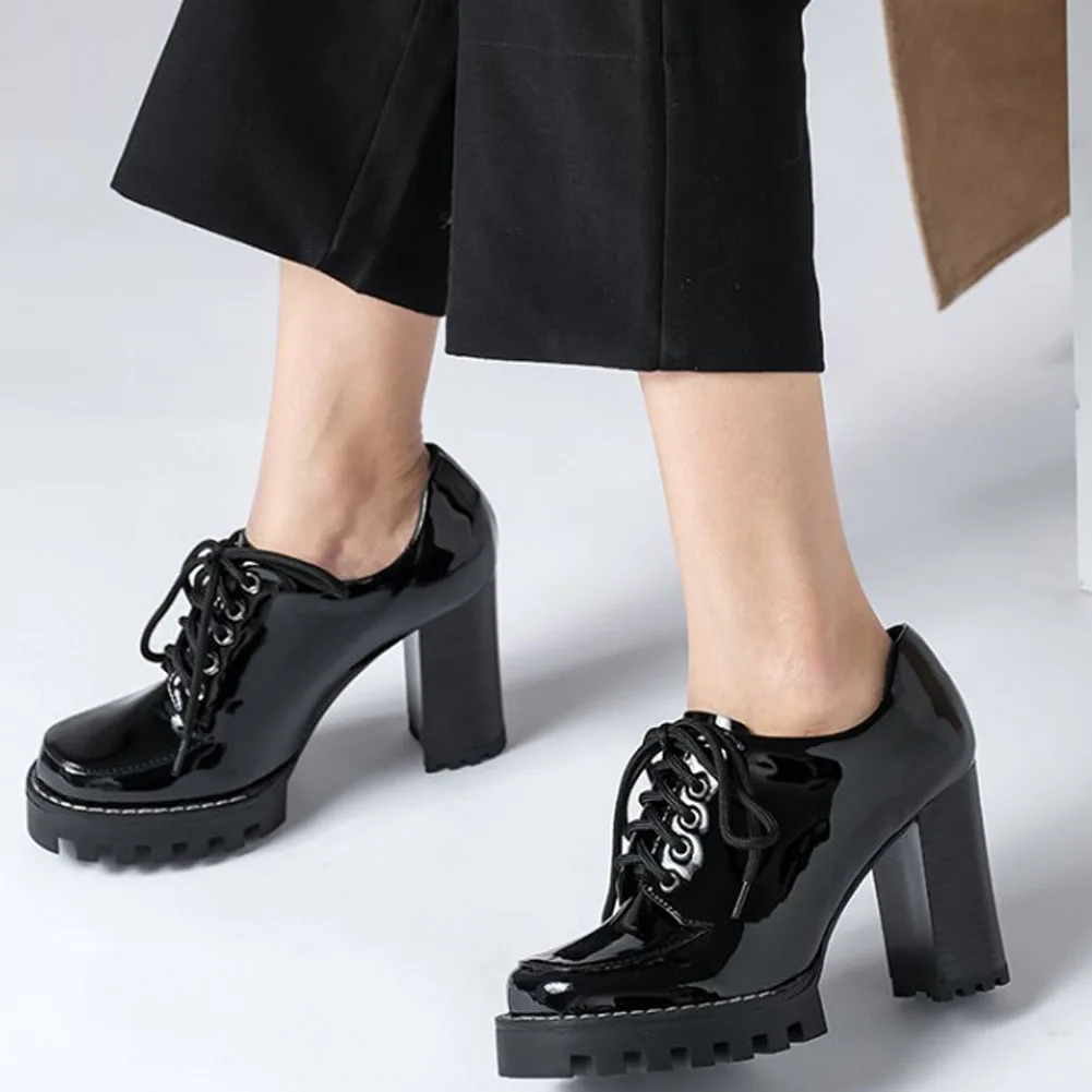 

Karinluna top quality office ladies genuine leatehr elegant leisure women shoes shoelace thick high heels stylish platform pumps