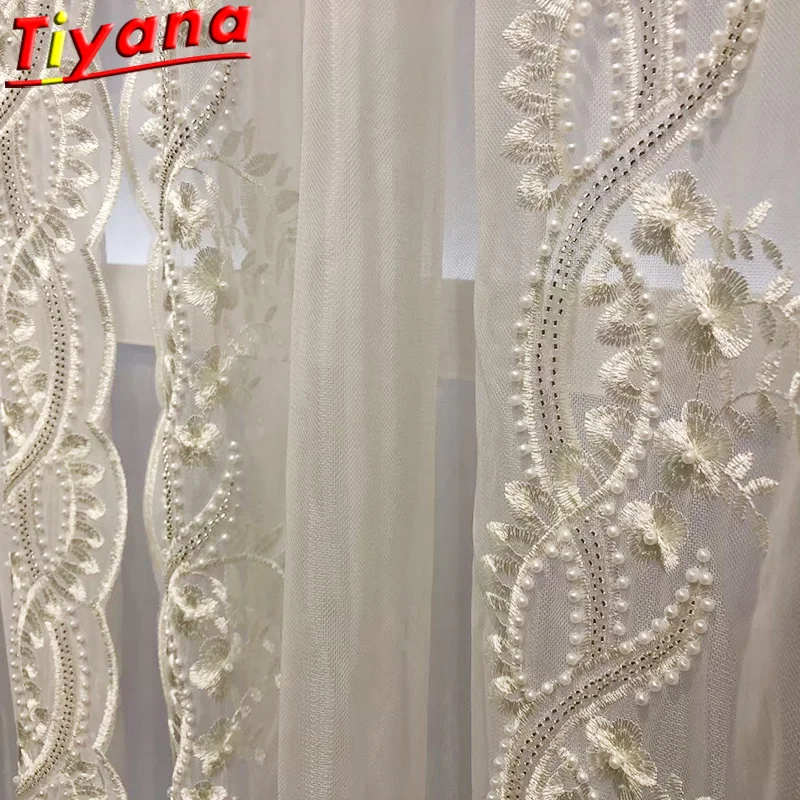 

Side Beads Embroidered Tulle Curtains for Living Room Light Luxury Pearls White Sheer Volie for Balcony HM905 #VT