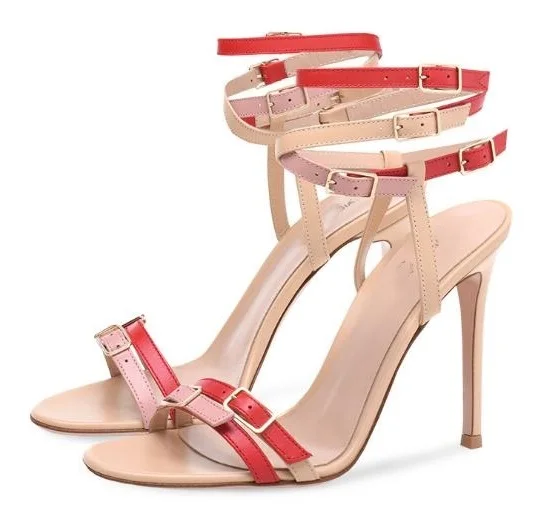 

Red Nude White Summer Mixed Color Three Buckles Open Toe Leather Thin Heels High Heel Woman Sandals Sexy Party Dress Shoes Lady