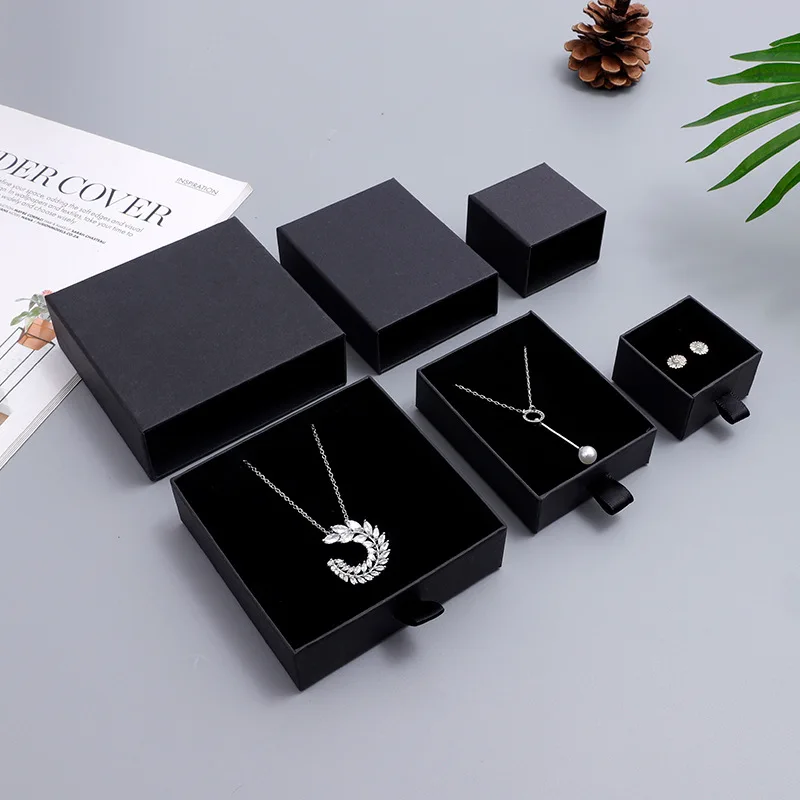 

Black Kraft Paper Box Custom Jewelry Box Chic Jewelry Packaging Display For Necklace Black Bulk Drawer Cardboard Gift Box