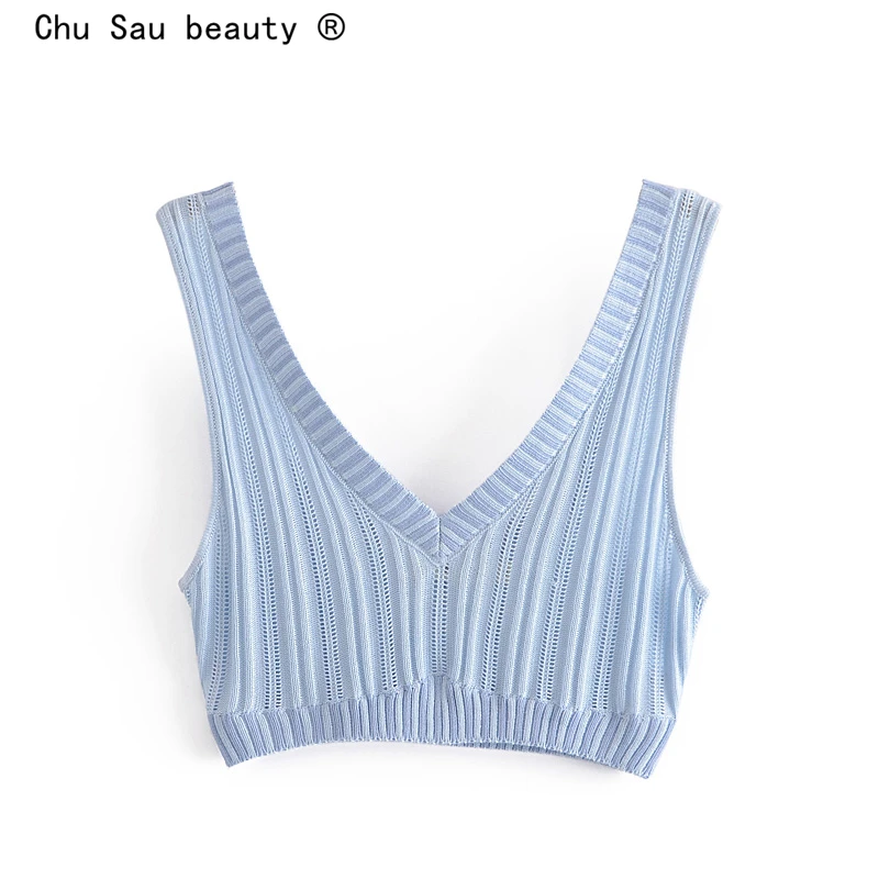

Blue Striped Knitted Sleeveless Sexy V-Neck Slim Ultra Short Vest 2021 Summer New Women Tank Top All Match