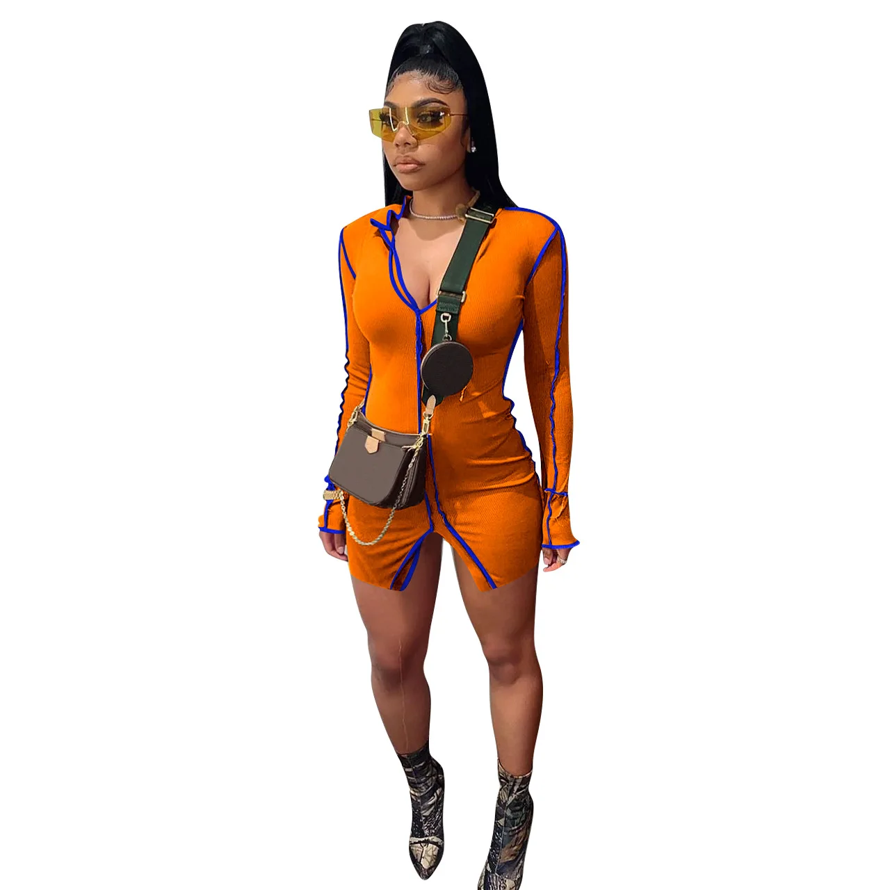 

2021 Spring Women Sexy Mini Dresses Ribbed V-neck Long Sleeves Solid Color Stitching Tight Dress for Women