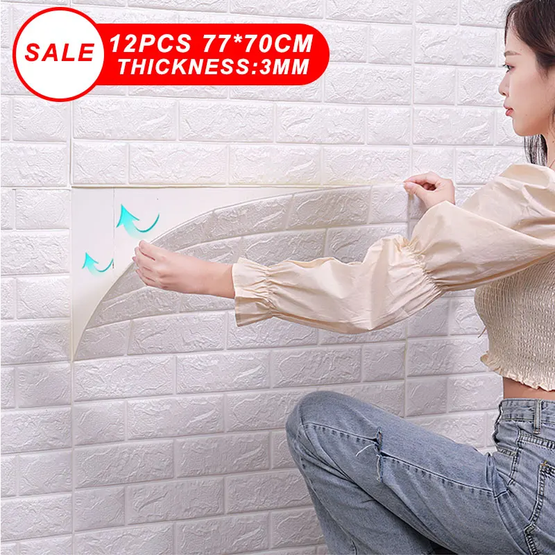 

12pcs 77*70cm 3D Wall Sticker Imitation Brick Bedroom Decor Waterproof Self-adhesive Wallpaper for Living Room TV Backdrop Decor