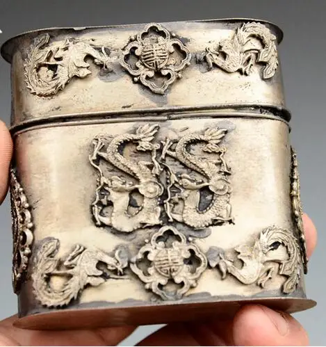 Изысканный китайский старый стиль тибетская серебряная статуя дракона и феникса