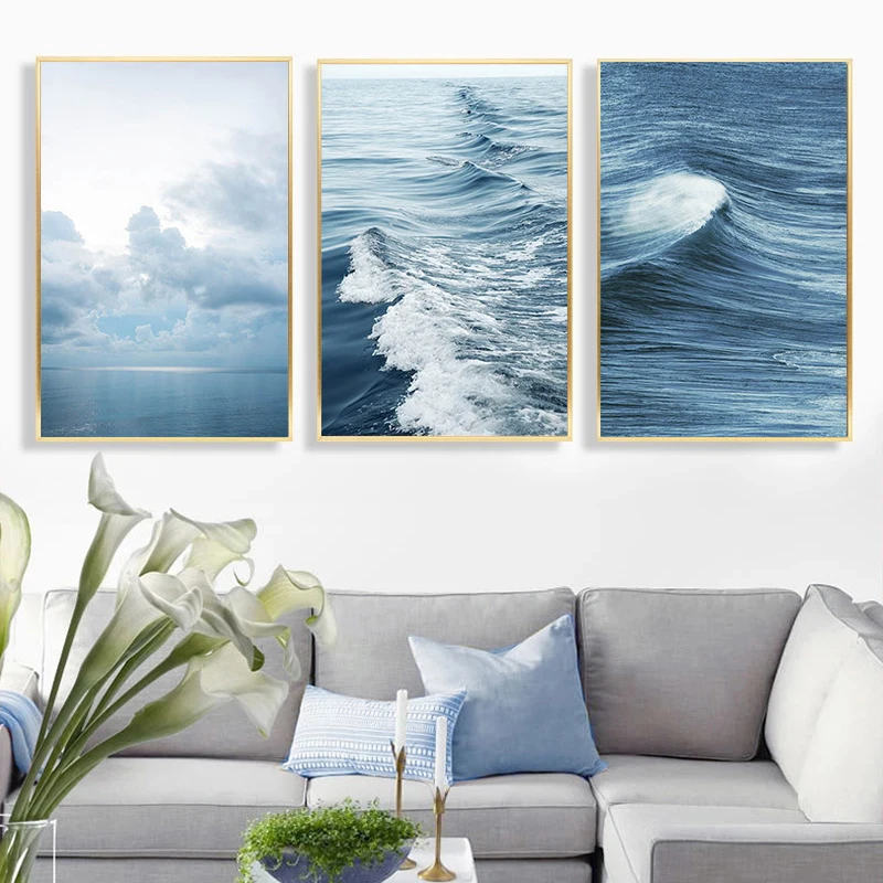 Wall Art Canvas Painting Blue Modern Natural Waves Beach Picture Home Decoration for LivingRoom Bedroom Decorative Poster | Дом и сад