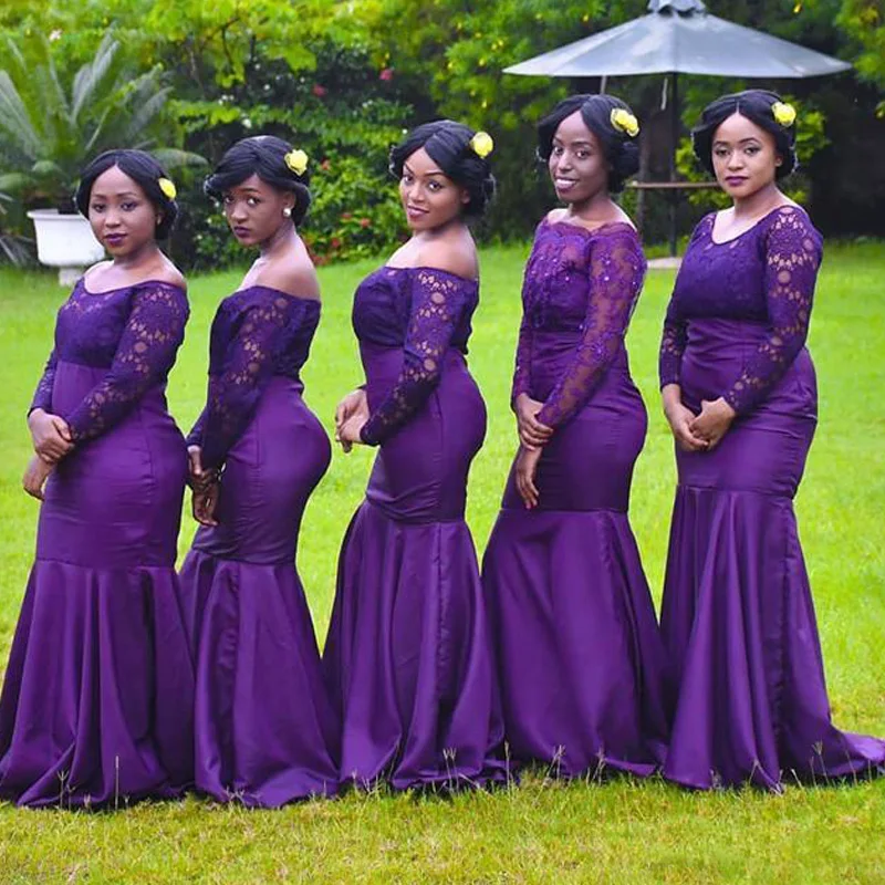 

Purple lace long-sleeved mermaid bridesmaid dresses Boat Neck off shoulders vestido de fiesta de boda African black girl evening