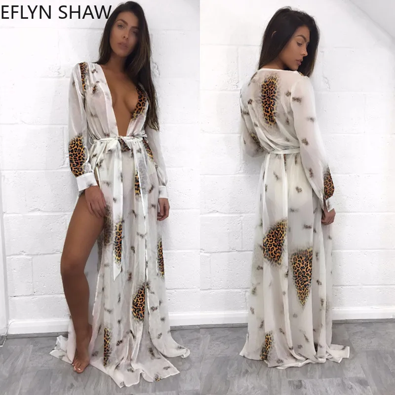 Женское пляжное платье с длинным рукавом шифоновое макси-платье глубоким