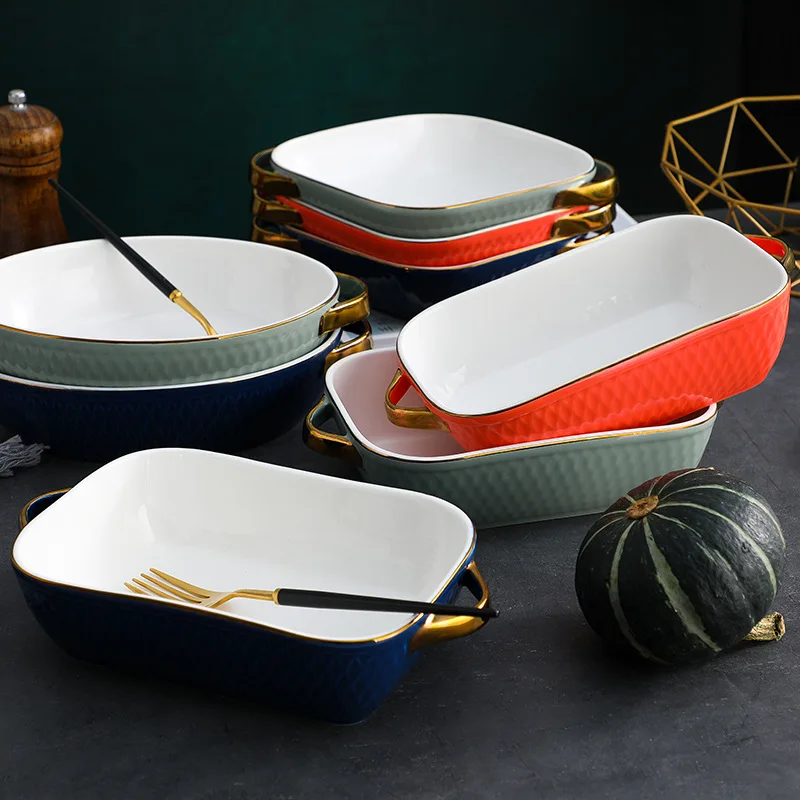 

Ceramic Baking Plate Dinner Salad Snack Serving Plates Creative Dishes With Handle Microwave Oven Deep Tableware Tray