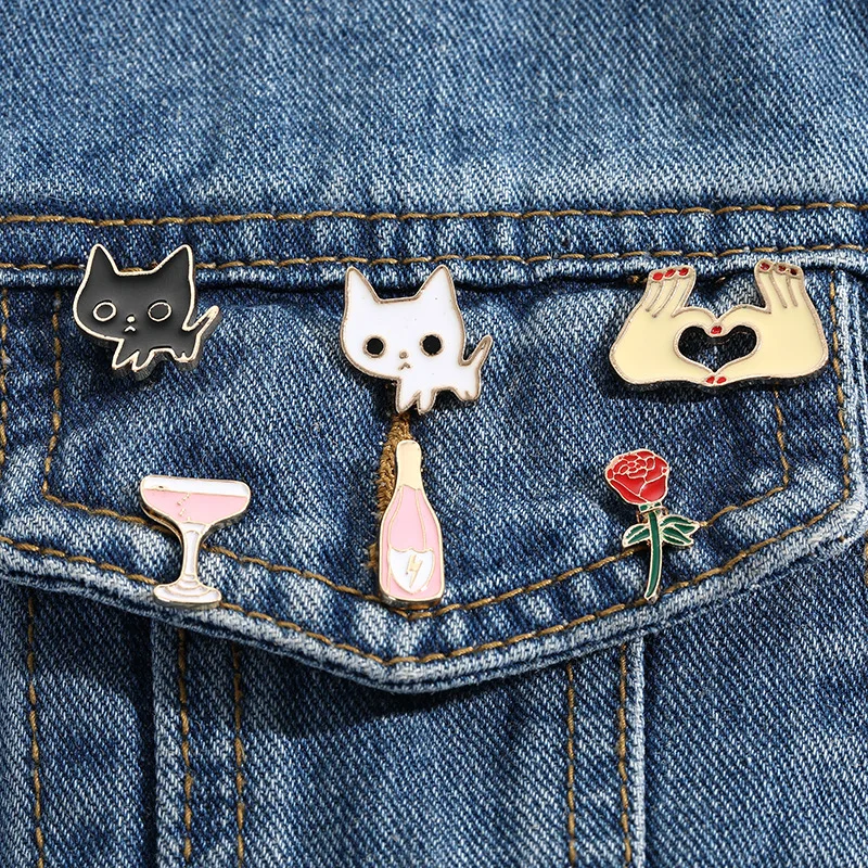 Черный белый кот лицо эмаль pin Набор Розовое Пиво Стекло Металл сердечки булавки