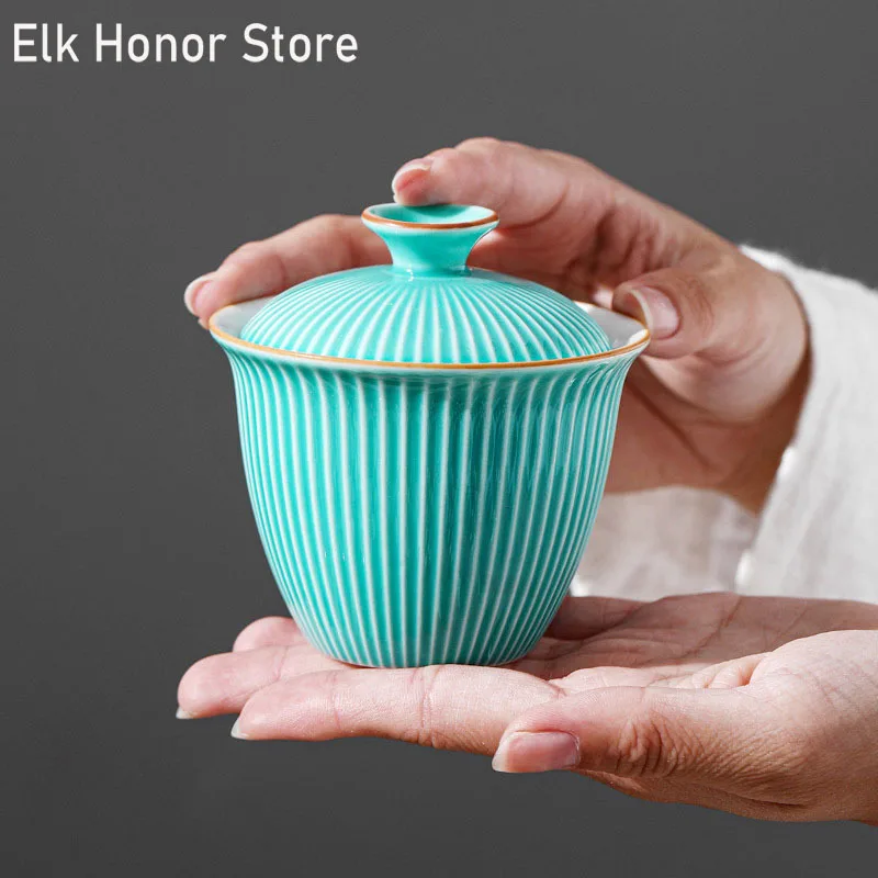 

130ml Ceramic Hishimonus Sancai Cover Bowl Tea Cup Tea Bowl Single Kungfu Tea Set Household Tea Maker Hand Grasping Pot Coarse