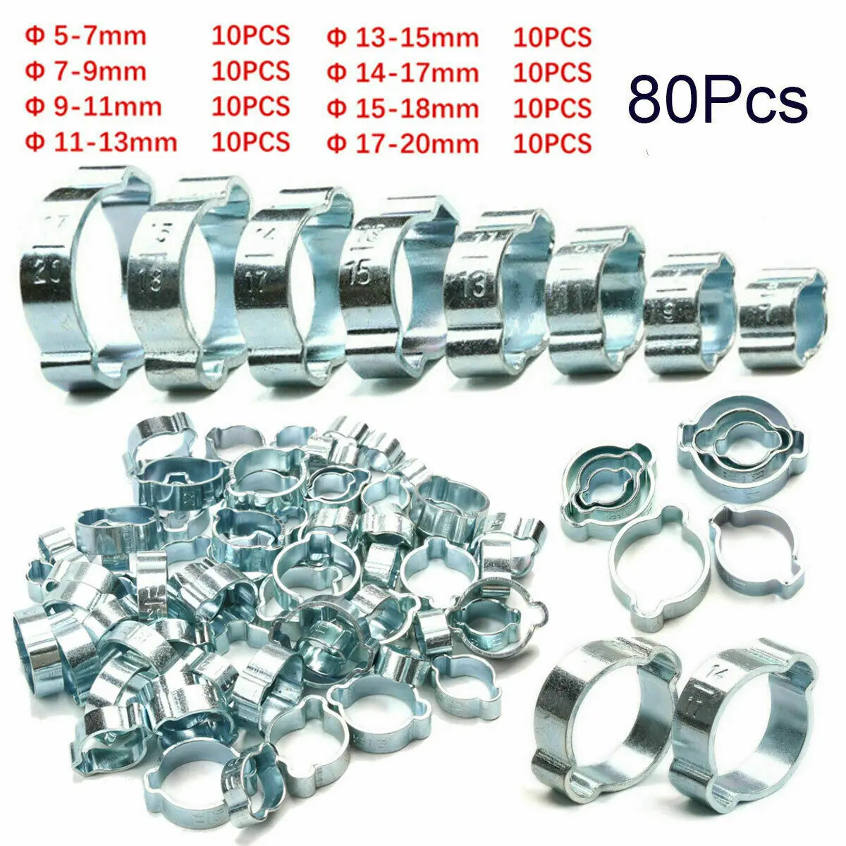 

80pcs Double Ear Clamp O CLIPS Crimp Air Silicone Petrol Water Fuel Hose Pipe Hose Clamps Cinch Clamp Rings