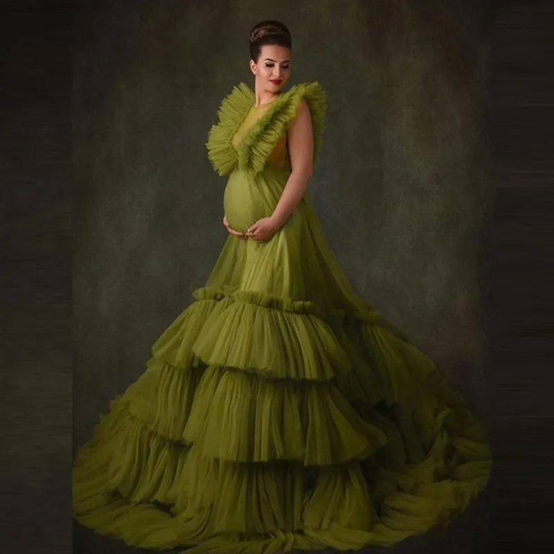 

vestidos formales robe de soiree Maternity Shoot Evening Dress Puffy abendkleider Tiered Olive Evening Dresses Tulle Long