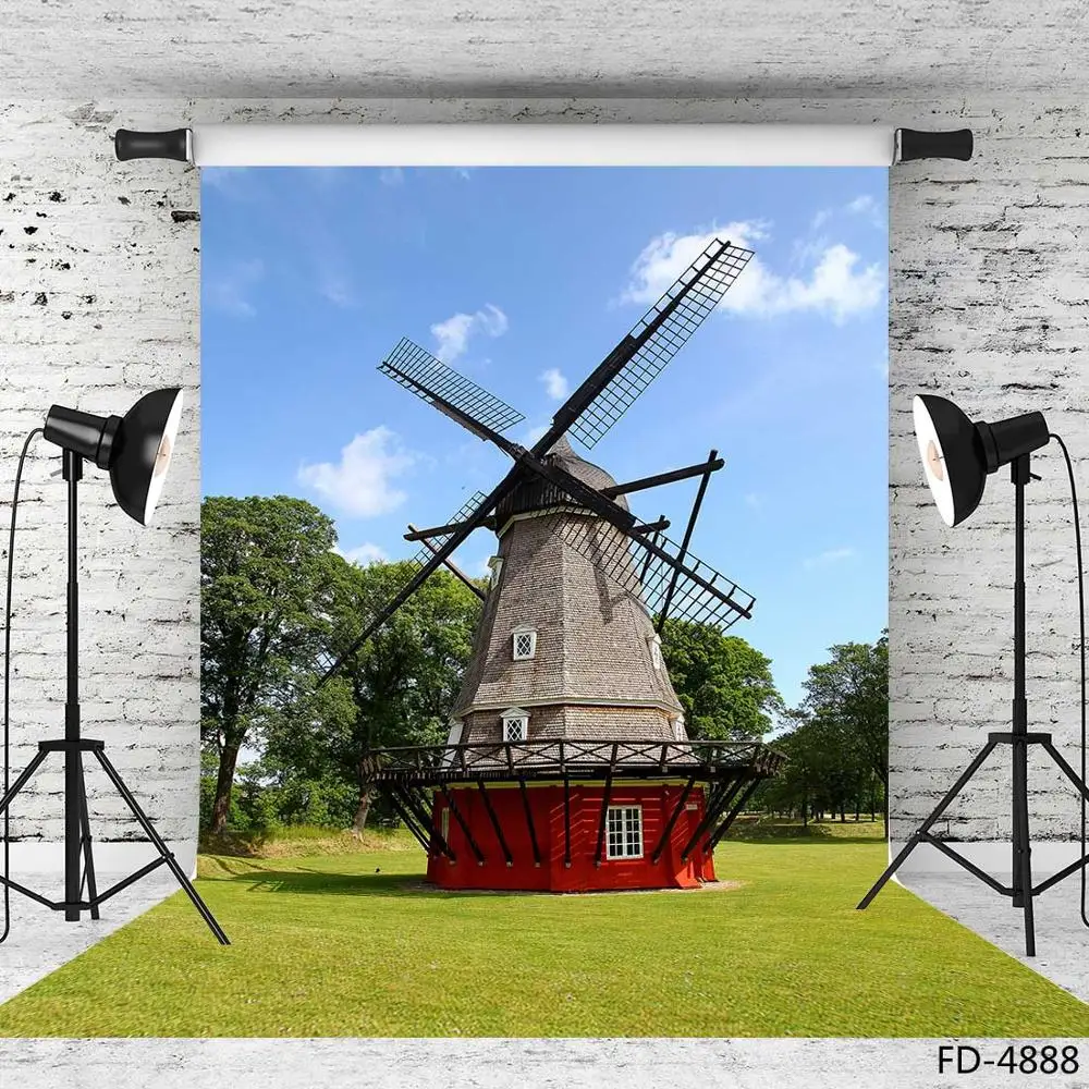 Весенние луговые живописные ветряные мельницы трава дерево Декорации фоны для