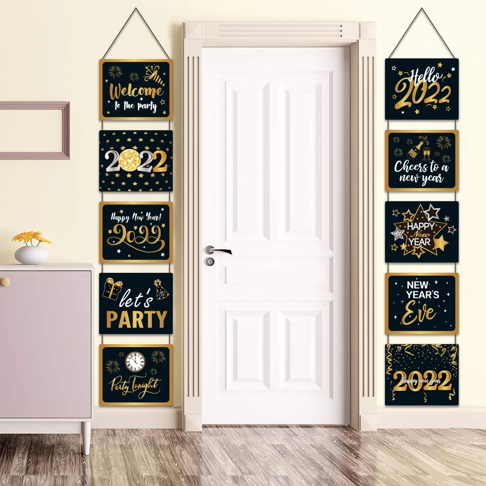 

Happy New Year 2022 Party Decoration Black Golden Theme 4,6fit Wall Hanger For Home Office Party New year's eve Supplies