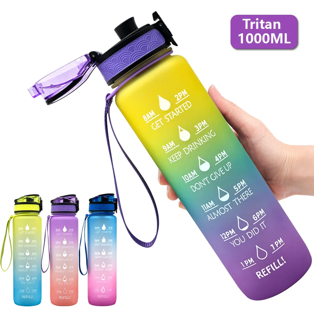 

1L Tritan Material Water Bottle With Bounce Cover Time Scale Reminder Frosted Leakproof Cup For Outdoor Sports Fitness