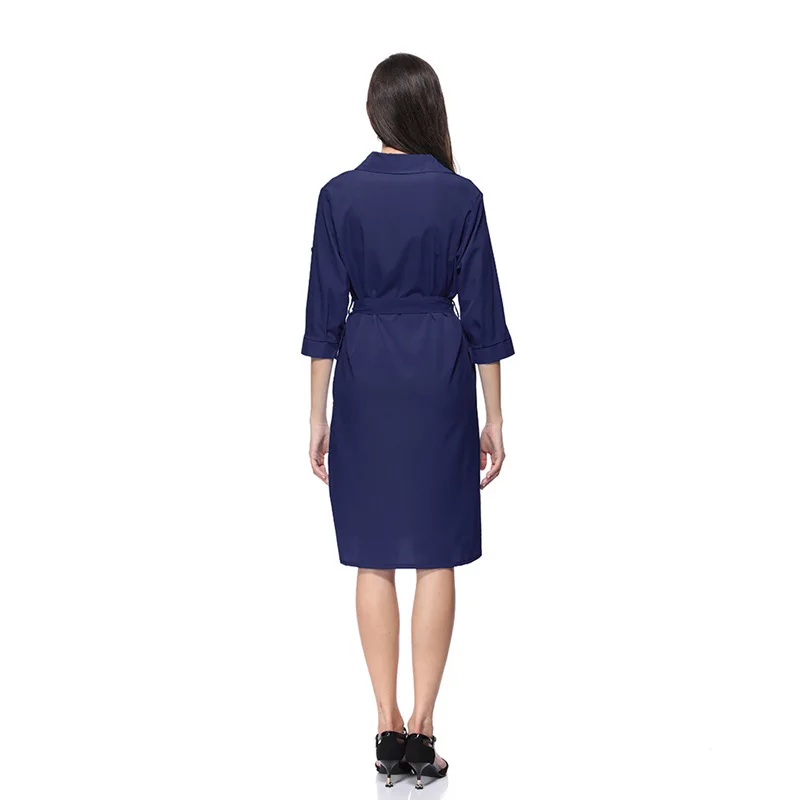 

Women's Summer Solid Color Sexy Blue Dress 2021 Casual Lace Office Shirt Dress Fashion Button Lapel Retro Female Midi Dresses