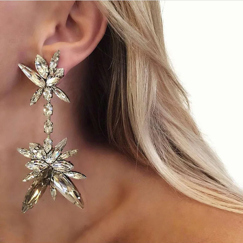 

New Bohemian Luxury Crystal Flower Dangle Earrings for Women Wedding Gift Brand Hot Big Long Earrings Drop Jewelry Wholesale