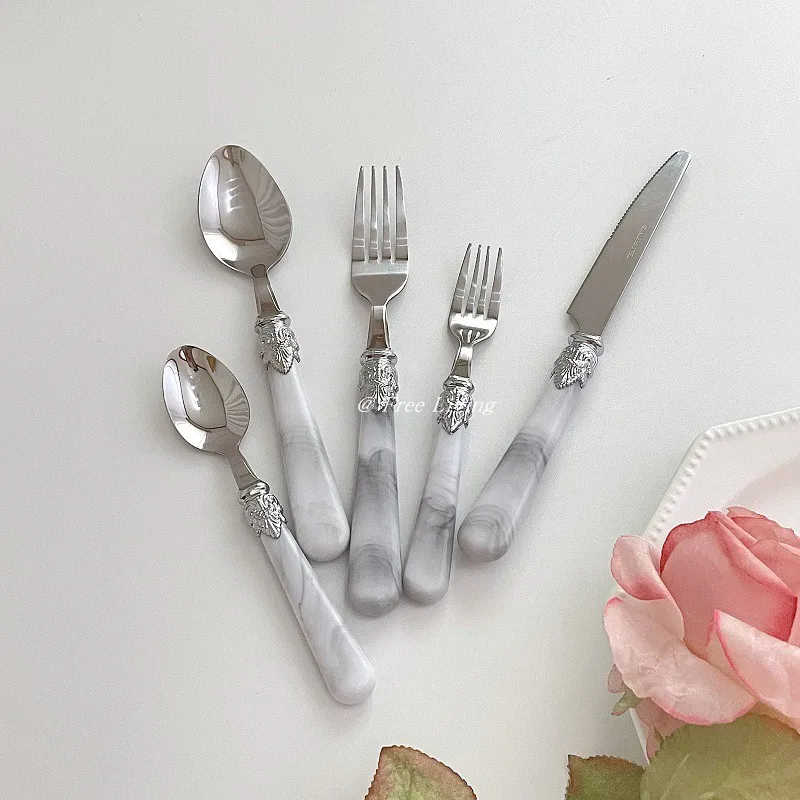 

Knife Fork Spoon Dessert Spoon Steak Knife Home Dining Room Talheres Cutlery Set Marbled Plastic Handle Stainless Steel Retro