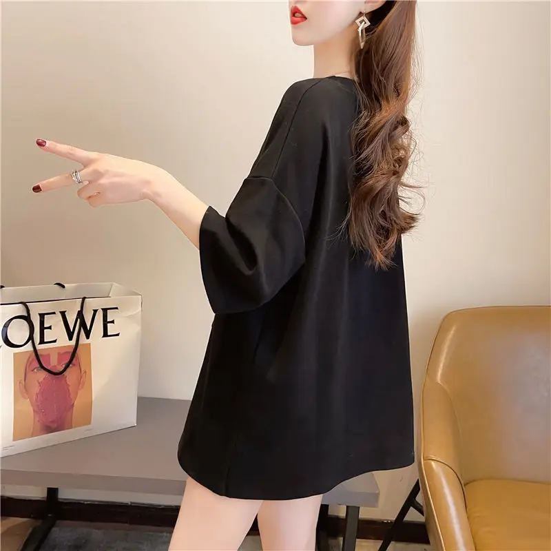 

Hot Rhinestone T-shirt Women's Short Sleeve Plus Size Summer Bear Half Sleeve Top Loose Mid-length Tshirt Diamonds Graphic Tee